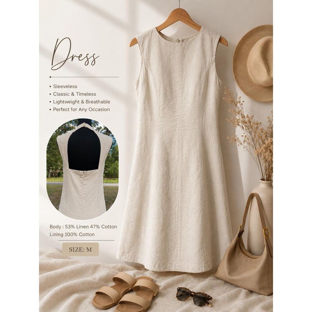Abercrombie & Fitch High Neck Linen Blend Cut Out Back Mini Dress Beige Medium